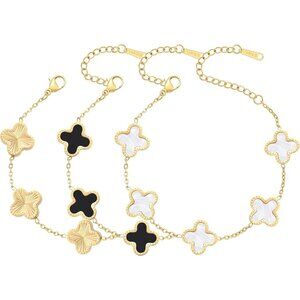 18K Gold Plated Gold/White/Black Clover Bracelet Set for Women Four Leaf Lucky